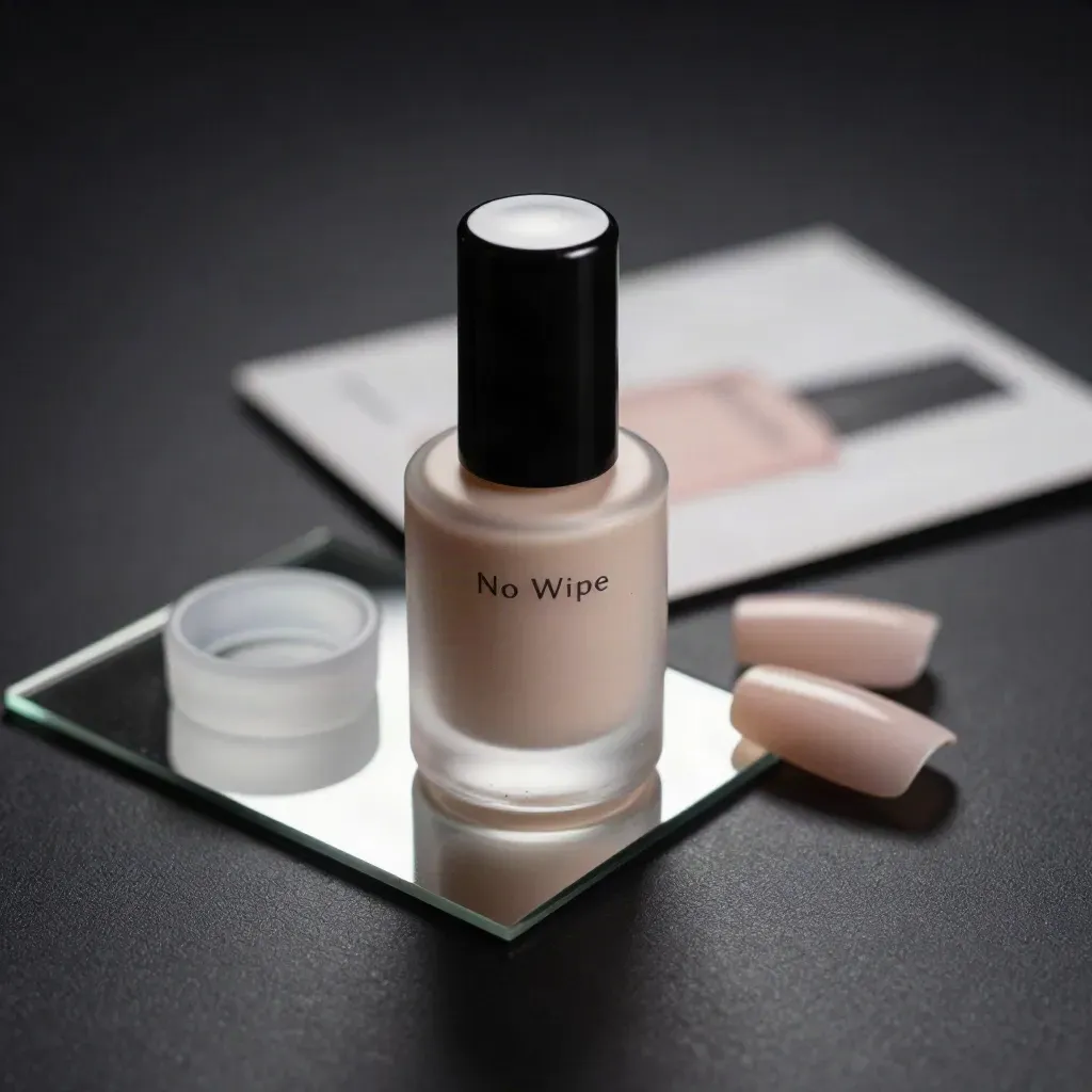 Top coat lucido su base specchiante con unghie nude sfocate in luce drammatica