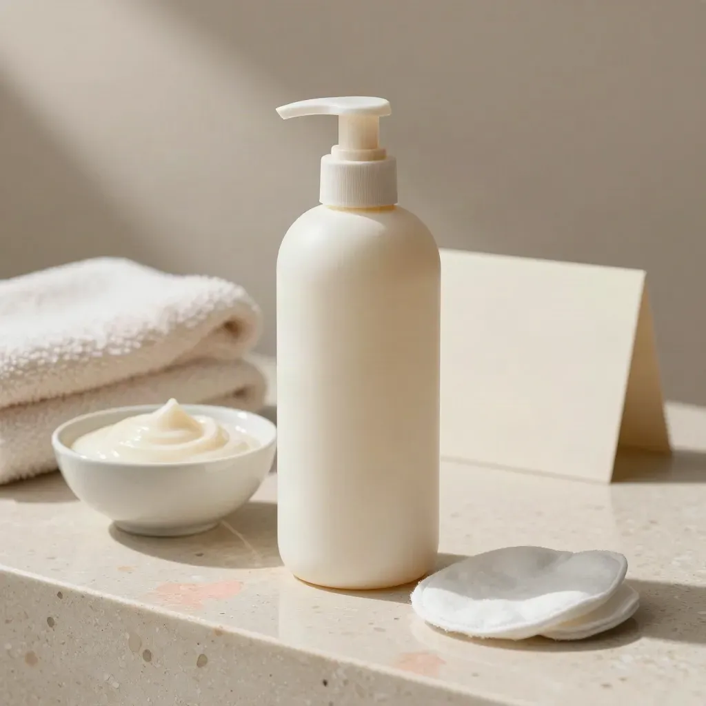 Flacone detergente viso con ciotola crema, asciugamano morbido e luce soffusa su travertino.