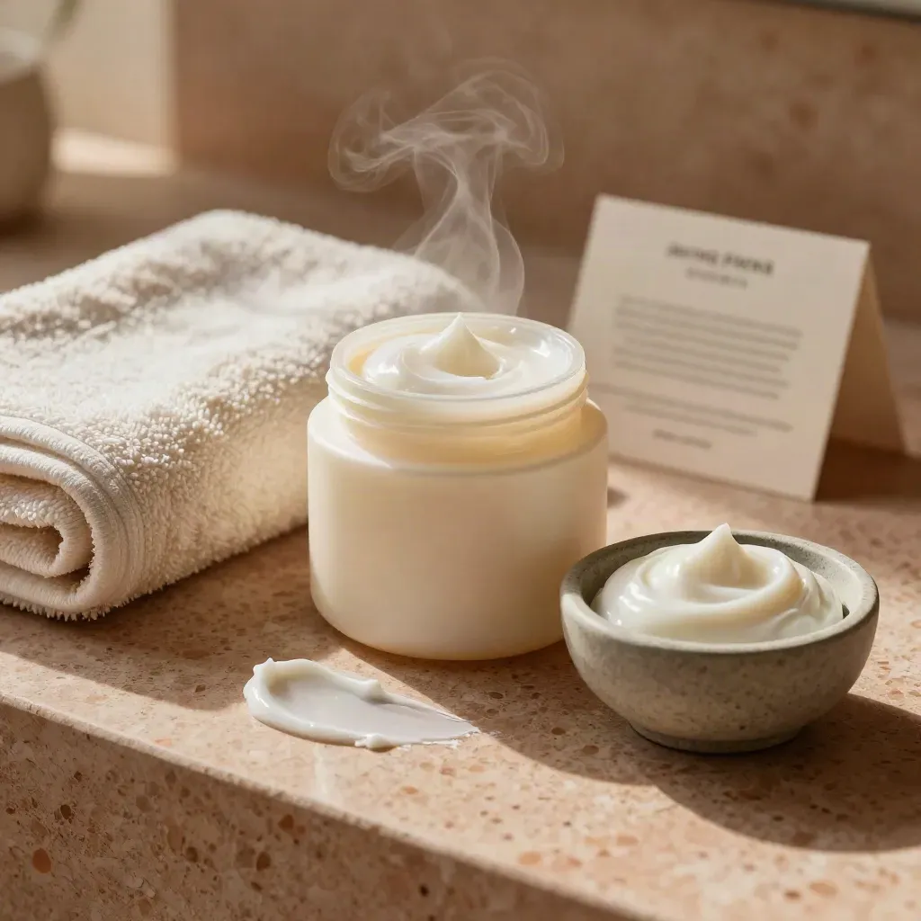 Barattolo di crema mani al karité con asciugamano piegato e ciotola in ceramica su banco spa